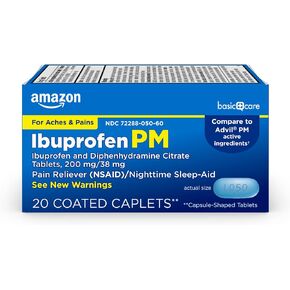 Amazon Basic Care Ibuprofen PM, Ibuprofen 200 mg and Diphenhydramine Citrate 38 mg Tablets, Pain Reliever and Nighttime Sleep-Aid, 20 Count