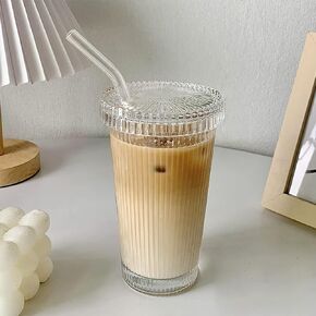YAHUIPEIUS Glass Tumbler Stripe Vintage Drinking Glass Cup Coffee Cup With Lid and Straw Drinking Glasses for Water,Iced Coffee,Milk,Tea,Juice,Lid not Sealed and Secured (B-Vintage)