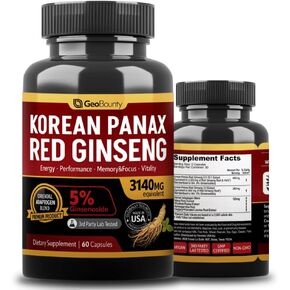 GEO BOUNTY Ginseng, Ginseng Supplements Capsule, Premium Red 3140mg (Ginsenoside 5%) Panax Red Ginseng Intensive 60 Capsules (extracto de cápsulas de Ginseng) Adaptogen (Maca Root) Made in USA in Saudi Arabia