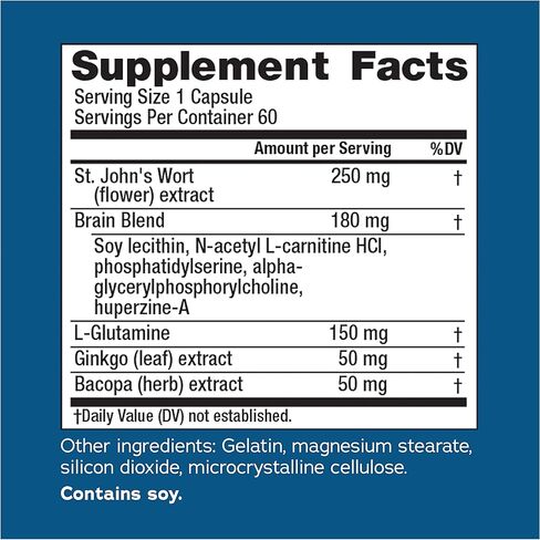 أداء الدماغ الطبيعي والحيوي، مع مستخلص الجنكة والباكوبا، وإل-جلوتامين، ونبتة سانت جونز؛ يساعد على دعم الإدراك والانتباه والذاكرة العاملة؛ خالي من الغلوتين؛ 60 كبسولة مرة واحدة يوميًا* in Kuwait