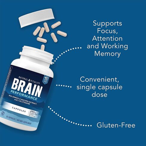 أداء الدماغ الطبيعي والحيوي، مع مستخلص الجنكة والباكوبا، وإل-جلوتامين، ونبتة سانت جونز؛ يساعد على دعم الإدراك والانتباه والذاكرة العاملة؛ خالي من الغلوتين؛ 60 كبسولة مرة واحدة يوميًا* in Kuwait