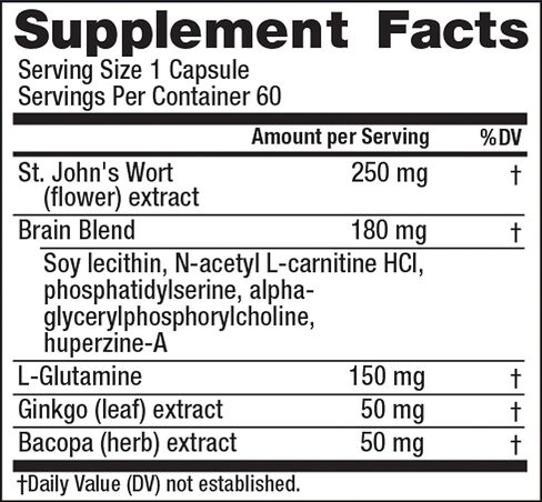 أداء الدماغ الطبيعي والحيوي، مع مستخلص الجنكة والباكوبا، وإل-جلوتامين، ونبتة سانت جونز؛ يساعد على دعم الإدراك والانتباه والذاكرة العاملة؛ خالي من الغلوتين؛ 60 كبسولة مرة واحدة يوميًا* in Kuwait