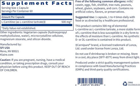 طرطرات إل-كارنيتين من Klaire Labs - 500 مجم من الأحماض الأمينية، إل-كارنيتين المستقر - بدون د-كارنيتين صناعي (60 كبسولة) in Saudi Arabia
