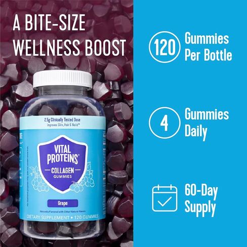 علكات الكولاجين من البروتينات الحيوية، 2.5 جرام من الكولاجين الذي تم اختباره سريريًا للشعر والبشرة والأظافر والتجاعيد، زجاجة 120 قيراط، عبوة من قطعتين، نكهة العنب in Kuwait