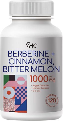 Berberine Supplement 1000mg with Ceylon Cinnamon, Bitter Melon, 3 in 1 Triple Action Formula Berberine HCL Supplements, for Immune, Cardiovascular, Gastrointestinal, 120 Veggie Capsules, Made in USA in Kuwait