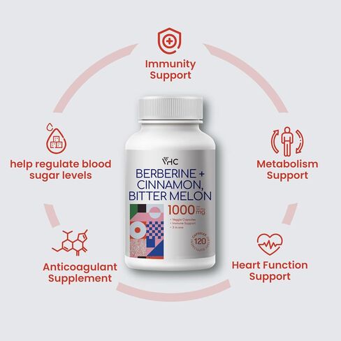 Berberine Supplement 1000mg with Ceylon Cinnamon, Bitter Melon, 3 in 1 Triple Action Formula Berberine HCL Supplements, for Immune, Cardiovascular, Gastrointestinal, 120 Veggie Capsules, Made in USA in Kuwait