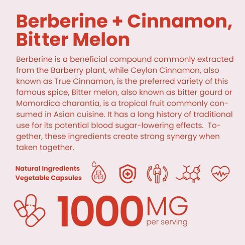 Berberine Supplement 1000mg with Ceylon Cinnamon, Bitter Melon, 3 in 1 Triple Action Formula Berberine HCL Supplements, for Immune, Cardiovascular, Gastrointestinal, 120 Veggie Capsules, Made in USA in Kuwait