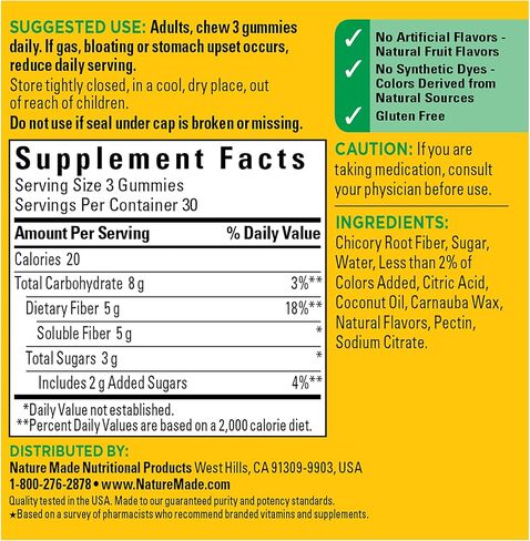 Nature Made Fiber Gummies 5 جم لكل حصة، مكمل ألياف لدعم صحة الجهاز الهضمي، 90 علكة، كمية تكفي لمدة 30 يومًا in Saudi Arabia