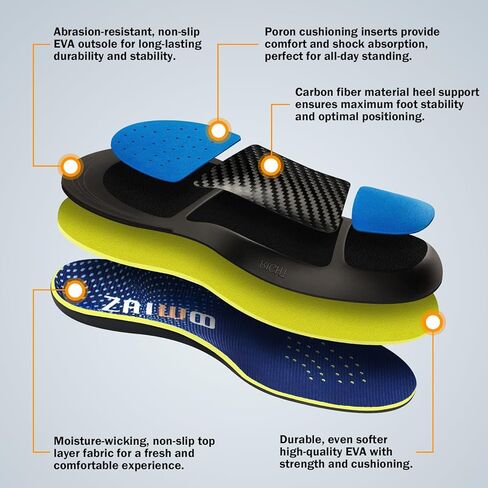 نعال داخلية من ألياف الكربون من ZAIWOO - دعم يزيد عن 280 رطلاً للقدم المسطحة، وتخفيف آلام التهاب اللفافة الأخمصية - حشوات دعم القوس، نعل داخلي لأحذية العمل للرجال والنساء - نعال للوقوف طوال اليوم in Kuwait