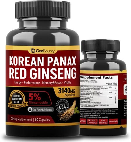 GEO BOUNTY Ginseng, Ginseng Supplements Capsule, Premium Red 3140mg (Ginsenoside 5%) Panax Red Ginseng Intensive 60 Capsules (extracto de cápsulas de Ginseng) Adaptogen (Maca Root) Made in USA in Saudi Arabia