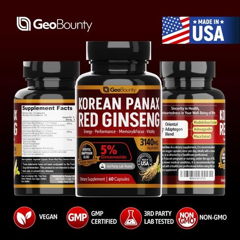 GEO BOUNTY Ginseng, Ginseng Supplements Capsule, Premium Red 3140mg (Ginsenoside 5%) Panax Red Ginseng Intensive 60 Capsules (extracto de cápsulas de Ginseng) Adaptogen (Maca Root) Made in USA in Saudi Arabia