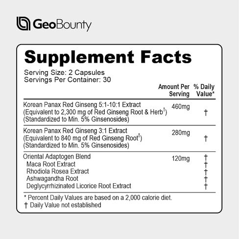 GEO BOUNTY Ginseng, Ginseng Supplements Capsule, Premium Red 3140mg (Ginsenoside 5%) Panax Red Ginseng Intensive 60 Capsules (extracto de cápsulas de Ginseng) Adaptogen (Maca Root) Made in USA in Saudi Arabia