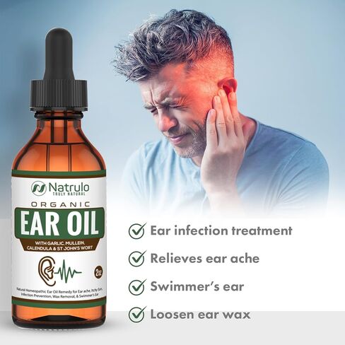 زيت الأذن العضوي لعدوى الأذن - قطرات أذن طبيعية لألم الأذن، وإزالة شمع الأذن والسباح - علاج آلام الأذن للأطفال والبالغين والرضع والكلاب - قطرات الأذن مع مولين والثوم والآذريون صنع في الولايات المتحدة الأمريكية in Kuwait