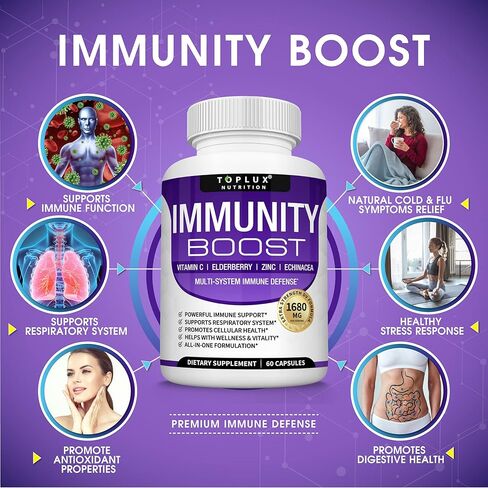 مكمل دعم المناعة 10 في 1 - 1650 مجم مصنوع من نبات البلسان وفيتامين ج والزنك والإشنسا والبروبيوتيك لتعزيز الجهاز المناعي ودعم الجهاز التنفسي الصحي، 2 × 60 كبسولة in Kuwait