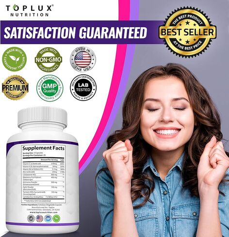 مكمل دعم المناعة 10 في 1 - 1650 مجم مصنوع من نبات البلسان وفيتامين ج والزنك والإشنسا والبروبيوتيك لتعزيز الجهاز المناعي ودعم الجهاز التنفسي الصحي، 2 × 60 كبسولة in Kuwait