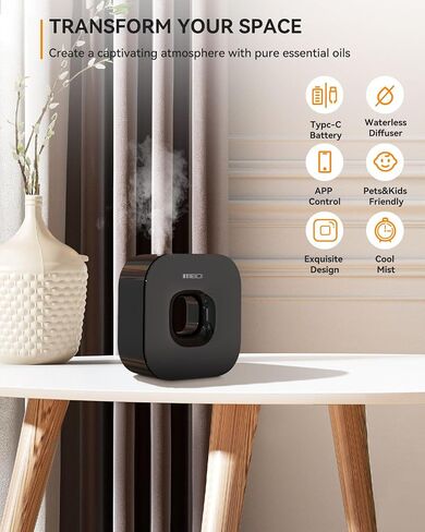 MEIDI Waterless Essential Oil Diffuser - Bluetooth Cordless Aromatherapy Diffuser with App Control, Smart Timer Setting, Hang-up Design and Wide Coverage for Home, Office, Hotel and SPA - Black in Kuwait
