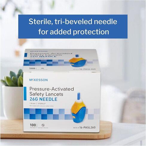 إبرة لانسيت ذات عمق ثابت من McKesson 16-PASL26G، عمق 1.8 مم، 26 مقياس ضغط منشط (عبوة من 100 قطعة)، أزرق in Kuwait