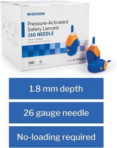 إبرة لانسيت ذات عمق ثابت من McKesson 16-PASL26G، عمق 1.8 مم، 26 مقياس ضغط منشط (عبوة من 100 قطعة)، أزرق in Kuwait