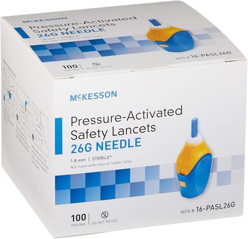 إبرة لانسيت ذات عمق ثابت من McKesson 16-PASL26G، عمق 1.8 مم، 26 مقياس ضغط منشط (عبوة من 100 قطعة)، أزرق in Kuwait