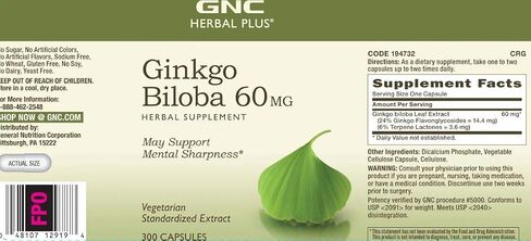 GNC Herbal Plus Ginkgo Biloba 60mg, 100 Capsules, Supports Mental Sharpness in Kuwait