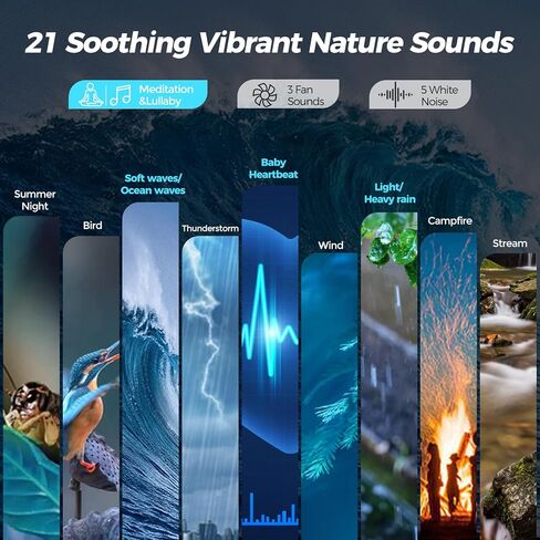 جهاز صوت العلاج بالضوء من REACHER R8 (R2 الجيل الثاني)، ضوء ليلي محيطي ديناميكي، 21 صوتًا طبيعيًا نابضًا بالحياة، جهاز صوت الطفل للنوم، ضوضاء بيضاء ووردية وبنية للبالغين والأطفال in Kuwait