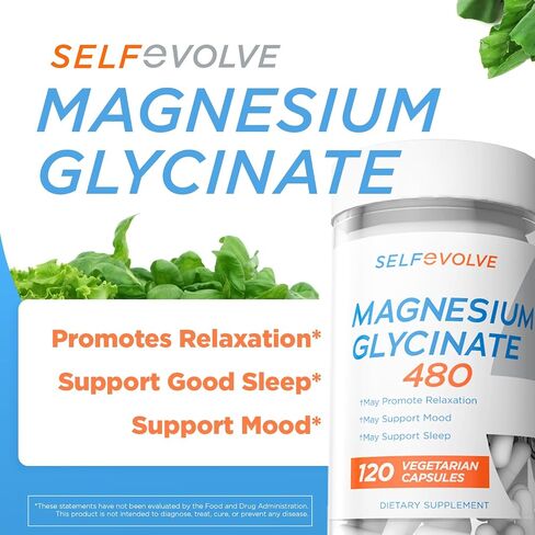 SELFevolve Magnesium Glycinate 480mg - High Absorption Magnesium Supplement Support Stress Relief, Sleep, Heart Health, Nerves, Muscles, and Metabolism, 120 Veggie Capsules, 1 Month Supply in Saudi Arabia
