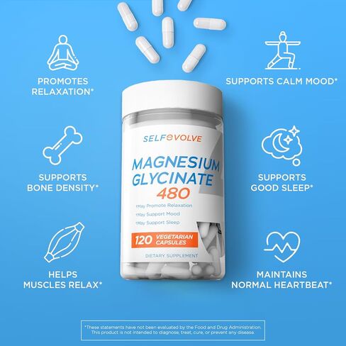 SELFevolve Magnesium Glycinate 480mg - High Absorption Magnesium Supplement Support Stress Relief, Sleep, Heart Health, Nerves, Muscles, and Metabolism, 120 Veggie Capsules, 1 Month Supply in Saudi Arabia