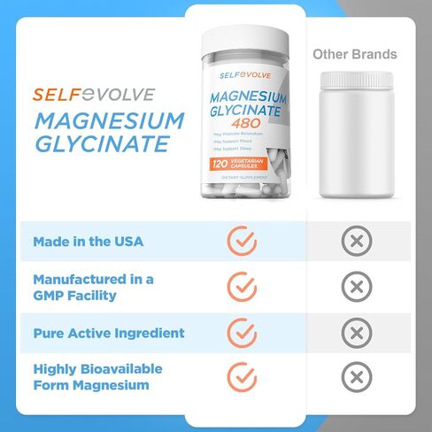 SELFevolve Magnesium Glycinate 480mg - High Absorption Magnesium Supplement Support Stress Relief, Sleep, Heart Health, Nerves, Muscles, and Metabolism, 120 Veggie Capsules, 1 Month Supply in Saudi Arabia