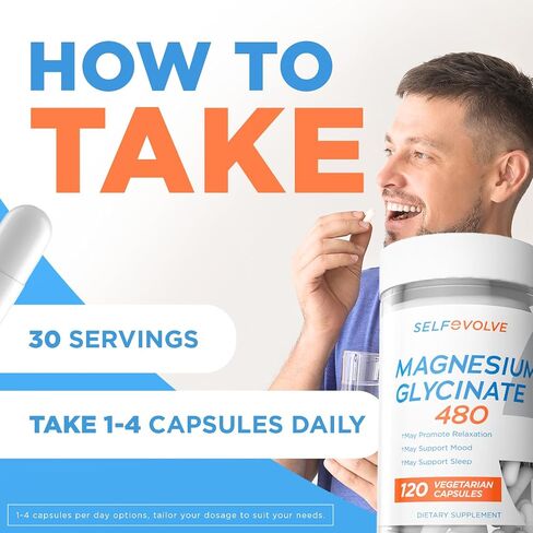 SELFevolve Magnesium Glycinate 480mg - High Absorption Magnesium Supplement Support Stress Relief, Sleep, Heart Health, Nerves, Muscles, and Metabolism, 120 Veggie Capsules, 1 Month Supply in Saudi Arabia