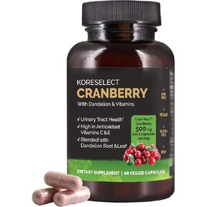 KORESELECT Cranberry 17,000mg with Dandelion & Vitamins, UTI Relief, Antioxidant Supplement, Immune Support, Bladder Health for Women & Men 60 Vegan Capsules in Kuwait