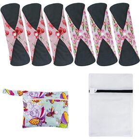 Cloth Menstrual Pads with Charcoal Bamboo Lining for Women,6 Pack Reusable Washable Waterproof Sanitary Napkin Pads with 1 Mini Wet Bag & 1 Mesh Laundry Bag (Lucky Random) in Saudi Arabia
