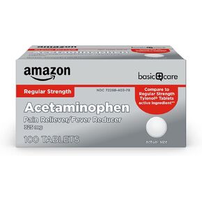 Amazon Basic Care Pain Relief, Acetaminophen Tablets 325 mg, Regular Strength, Pain Reliever and Fever Reducer, 100 Count