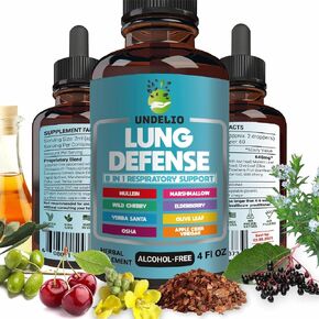 8 in 1 LUNG DEFENSE Herbal Extract, Blend (Mullein-Marshmallow-OSHA-Wild Cherry-Elderberry-Yerba Santa-Olive Leaf-ACV) Lung Cleanse, Respiratory & Immune system Support. Liquid supplement 2 OZ in Kuwait