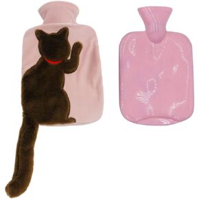 1 Liter Rubber Hot Water Bottle with Soft Plush Fleece Cover, Cute Cat Water Bag Hot and Cold Therapy for Cramps Pain Relief