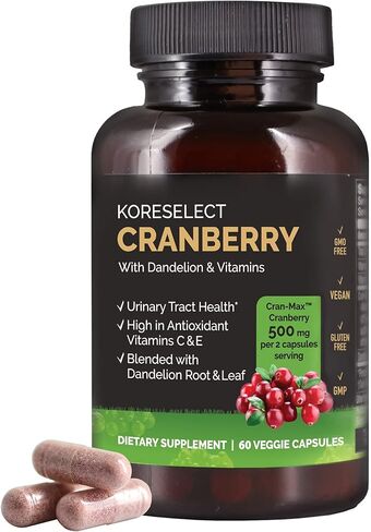KORESELECT Cranberry 17,000mg with Dandelion & Vitamins, UTI Relief, Antioxidant Supplement, Immune Support, Bladder Health for Women & Men 60 Vegan Capsules in Kuwait