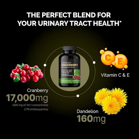 KORESELECT Cranberry 17,000mg with Dandelion & Vitamins, UTI Relief, Antioxidant Supplement, Immune Support, Bladder Health for Women & Men 60 Vegan Capsules in Kuwait