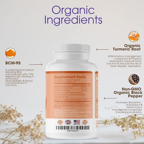 Organic Turmeric Curcumin with Black Pepper & BCM-95 - for Inflammatory Joint Support, Brain & Immune Health - 60 Vegan Turmeric Capsules, 1000mg - Herbal Curcumin Supplements in Kuwait