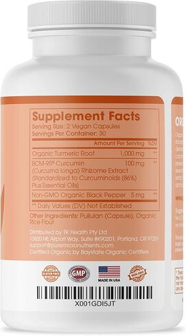 Organic Turmeric Curcumin with Black Pepper & BCM-95 - for Inflammatory Joint Support, Brain & Immune Health - 60 Vegan Turmeric Capsules, 1000mg - Herbal Curcumin Supplements in Kuwait