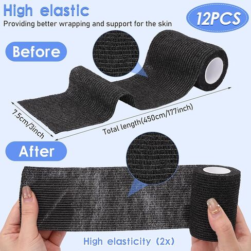 NANASO 12PCS Self Adhesive Bandage Wrap,3" x 5 Yards Elastic Adhesive Tape for Sports,Self Adherent Wrap for Pet,Breathable Cohesive Bandage for Wrist Ankle Knee Leg First Aid Sprains Swelling-Black in Kuwait