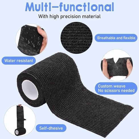 NANASO 12PCS Self Adhesive Bandage Wrap,3" x 5 Yards Elastic Adhesive Tape for Sports,Self Adherent Wrap for Pet,Breathable Cohesive Bandage for Wrist Ankle Knee Leg First Aid Sprains Swelling-Black in Kuwait
