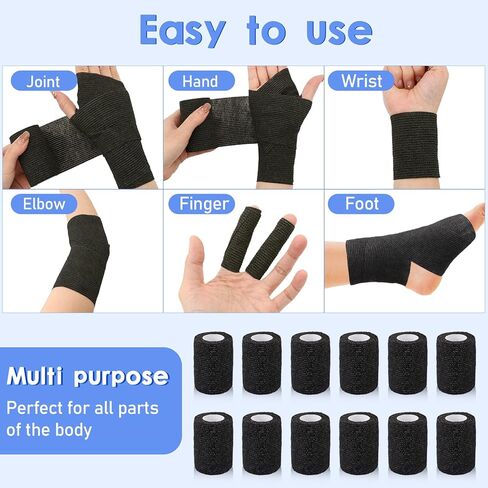 NANASO 12PCS Self Adhesive Bandage Wrap,3" x 5 Yards Elastic Adhesive Tape for Sports,Self Adherent Wrap for Pet,Breathable Cohesive Bandage for Wrist Ankle Knee Leg First Aid Sprains Swelling-Black in Kuwait