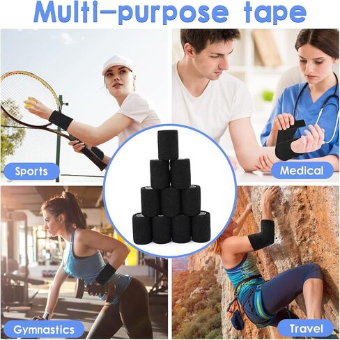 NANASO 12PCS Self Adhesive Bandage Wrap,3" x 5 Yards Elastic Adhesive Tape for Sports,Self Adherent Wrap for Pet,Breathable Cohesive Bandage for Wrist Ankle Knee Leg First Aid Sprains Swelling-Black in Kuwait