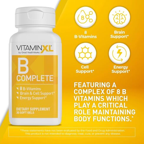 VitaminXL B Complete is a Full Spectrum B Complex Made with B1, B5, B6, B12, Biotin, Niacin, Riboflavin, and Folate, Also with Choline and inositol (30 Soft Gels, 30 Servings) in Kuwait