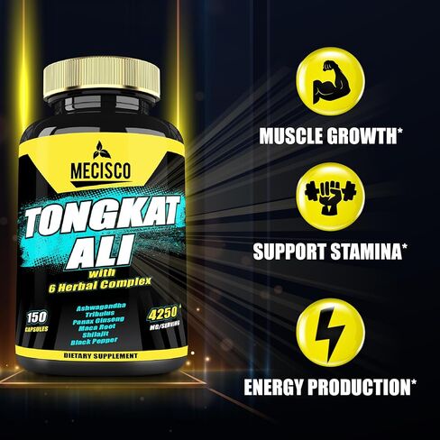 7 في 1 تونغكات علي مع تريبولوس تيريستريس 4250 ملغ - 150 كبسولة - أعلى فعالية مع جذر اشواغاندا، وجذر باناكس الجينسنغ، وجذر الماكا، ومسحوق شيلاجيت والفلفل in Kuwait