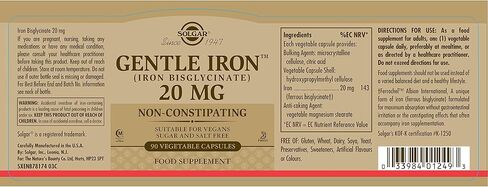 Solgar Gentle Iron (Iron Bisglycinate) 25 mg - 90 Vegetable Capsules - Non-Constipating, Gentle on Your Stomach - Gluten Free - 90 Servings in Saudi Arabia