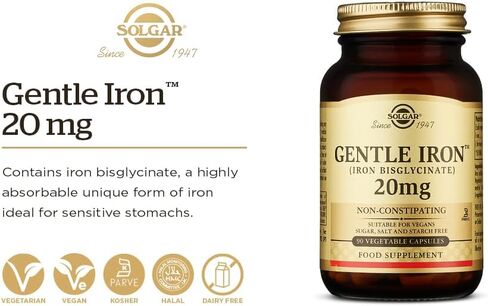 Solgar Gentle Iron (Iron Bisglycinate) 25 mg - 90 Vegetable Capsules - Non-Constipating, Gentle on Your Stomach - Gluten Free - 90 Servings in Saudi Arabia