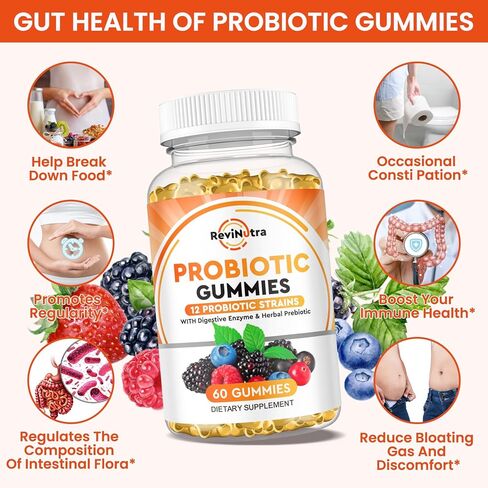 صمغ بروبيوتيك ريفينوترا مع إنزيم هضمي وبريبايوتك عشبي لدعم صحة الجهاز الهضمي وصحة المناعة للنساء والرجال، 60 قيراط، نباتي، غير معدّل وراثيًا، مزيج سكر أقل، نكهات التوت in Kuwait