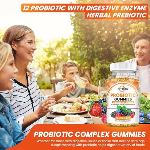 صمغ بروبيوتيك ريفينوترا مع إنزيم هضمي وبريبايوتك عشبي لدعم صحة الجهاز الهضمي وصحة المناعة للنساء والرجال، 60 قيراط، نباتي، غير معدّل وراثيًا، مزيج سكر أقل، نكهات التوت in Kuwait