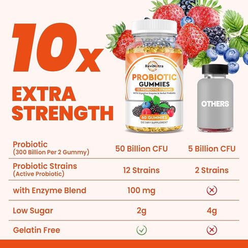 صمغ بروبيوتيك ريفينوترا مع إنزيم هضمي وبريبايوتك عشبي لدعم صحة الجهاز الهضمي وصحة المناعة للنساء والرجال، 60 قيراط، نباتي، غير معدّل وراثيًا، مزيج سكر أقل، نكهات التوت in Kuwait