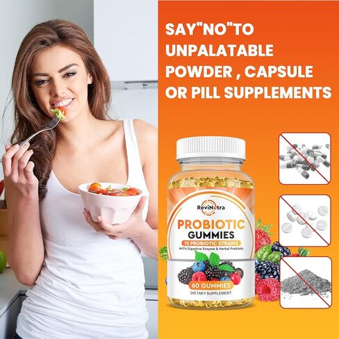 صمغ بروبيوتيك ريفينوترا مع إنزيم هضمي وبريبايوتك عشبي لدعم صحة الجهاز الهضمي وصحة المناعة للنساء والرجال، 60 قيراط، نباتي، غير معدّل وراثيًا، مزيج سكر أقل، نكهات التوت in Kuwait